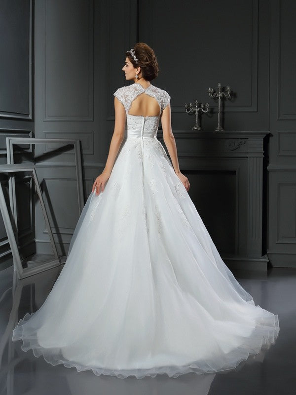 Ball Gown Square Beading Sleeveless Long Organza Wedding Dresses