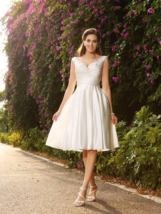 A-Line/Princess V-neck Beading Sleeveless Short Satin Wedding Dresses