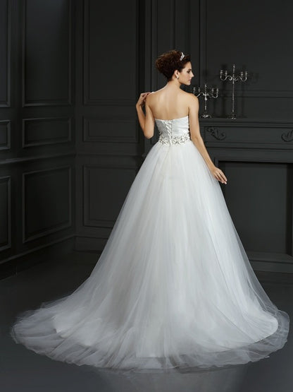 Ball Gown Sweetheart Beading Sleeveless Long Net Wedding Dresses