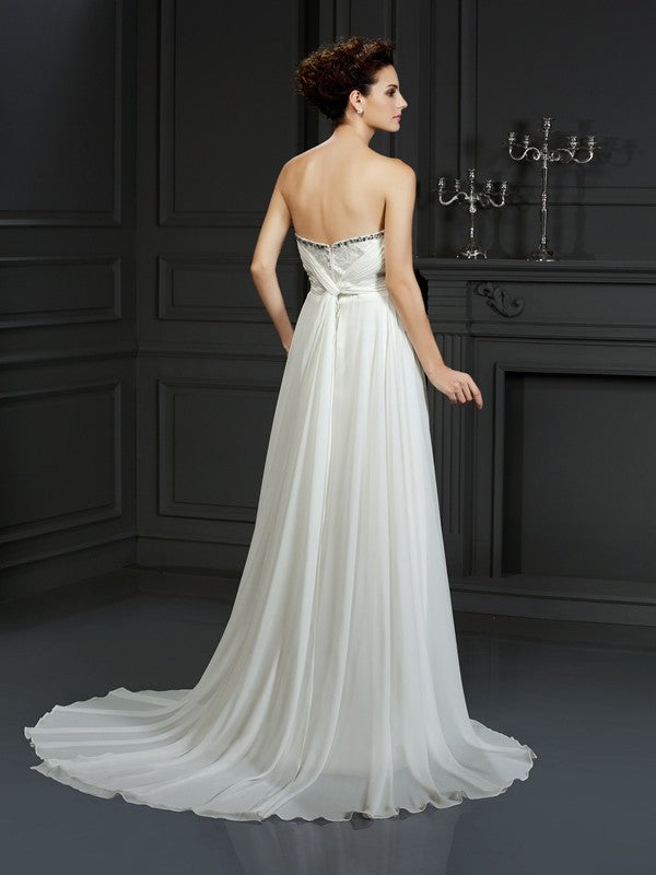 A-Line/Princess Sweetheart Ruffles Sleeveless Long Chiffon Wedding Dresses