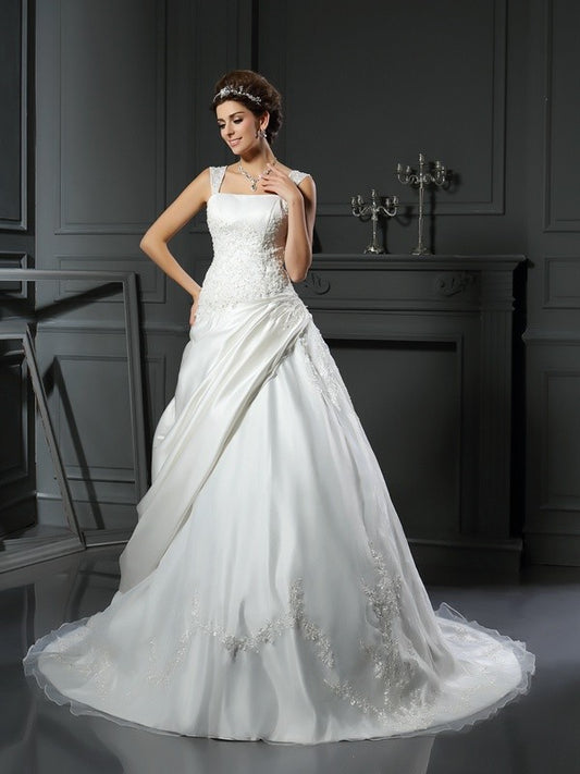 Ball Gown Straps Applique Sleeveless Long Satin Wedding Dresses