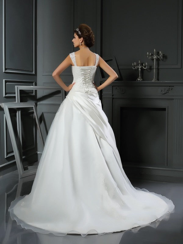 Ball Gown Straps Applique Sleeveless Long Satin Wedding Dresses