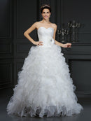 Ball Gown Sweetheart Hand-Made Flower Sleeveless Long Organza Wedding Dresses