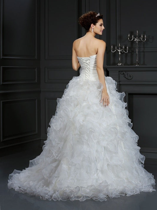 Ball Gown Sweetheart Hand-Made Flower Sleeveless Long Organza Wedding Dresses