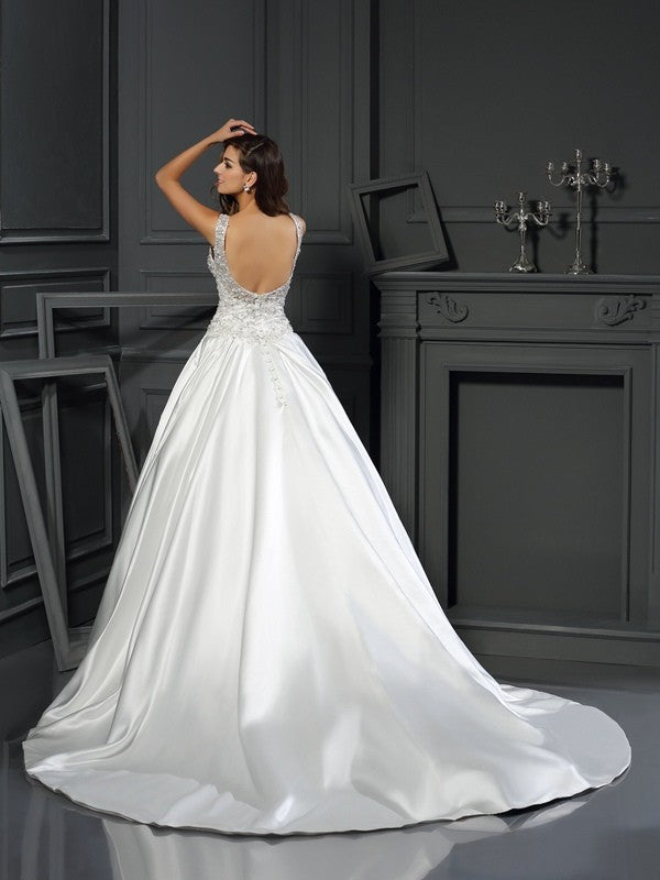 Ball Gown Scoop Applique Sleeveless Long Satin Wedding Dresses