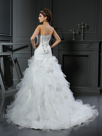 Trumpet/Mermaid Sweetheart Ruffles Sleeveless Long Organza Wedding Dresses