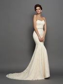 Trumpet/Mermaid Sweetheart Bowknot Sleeveless Long Lace Wedding Dresses