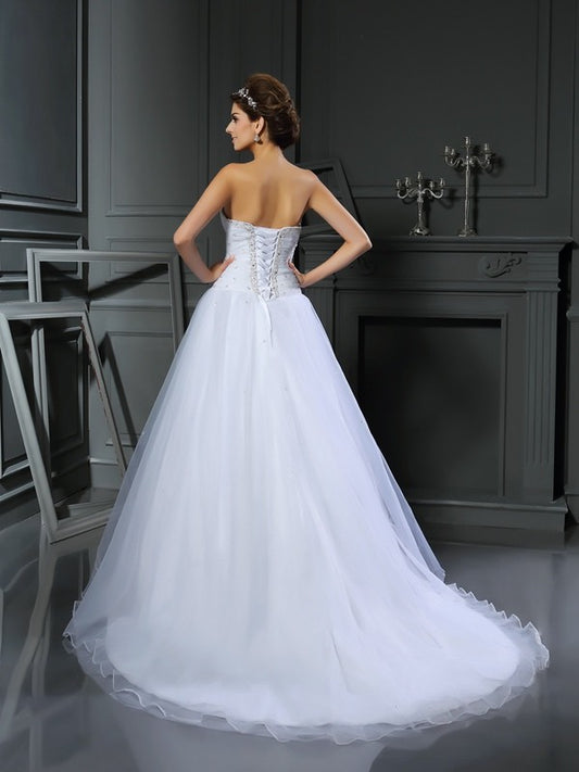 Ball Gown Sweetheart Beading Sleeveless Long Satin Wedding Dresses