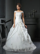 Ball Gown Off-the-Shoulder Hand-Made Flower Sleeveless Long Taffeta Wedding Dresses