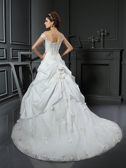 Ball Gown Off-the-Shoulder Hand-Made Flower Sleeveless Long Taffeta Wedding Dresses