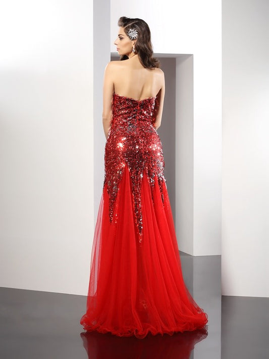 Sheath/Column Sweetheart Sequin Sleeveless Long  Woven Satin Dresses