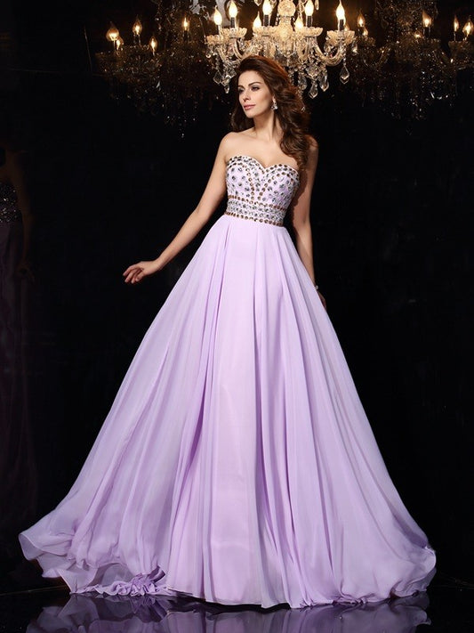 A-Line/Princess Sweetheart Beading Sleeveless Long Chiffon Sweep/Brush Train Dresses