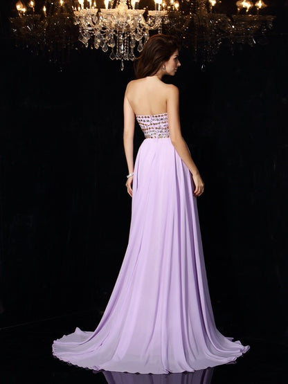 A-Line/Princess Sweetheart Beading Sleeveless Long Chiffon Sweep/Brush Train Dresses