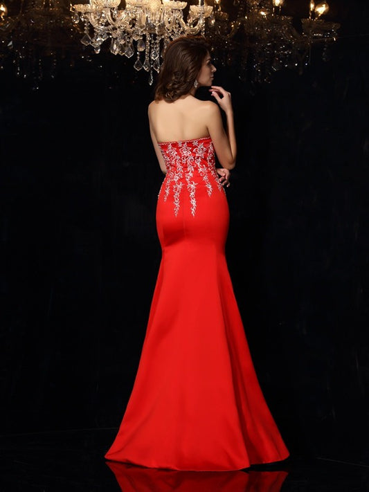 Sheath/Column Sweetheart Applique Sleeveless Long Satin Dresses