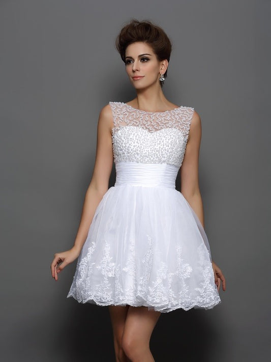 A-Line/Princess Bateau Pearls Sleeveless Short  Woven Satin Cocktail Dresses