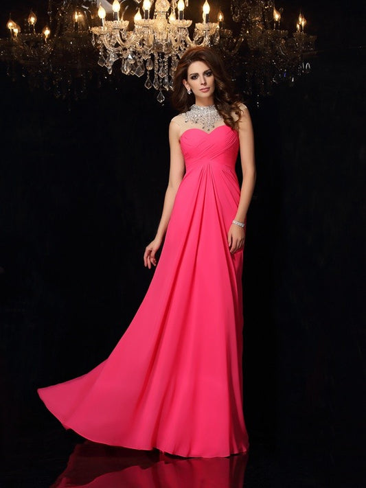 A-Line/Princess High Neck Ruched Sleeveless Long Chiffon Dresses