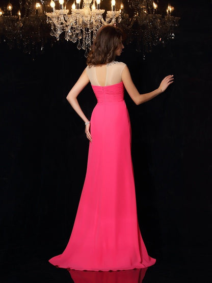 A-Line/Princess High Neck Ruched Sleeveless Long Chiffon Dresses