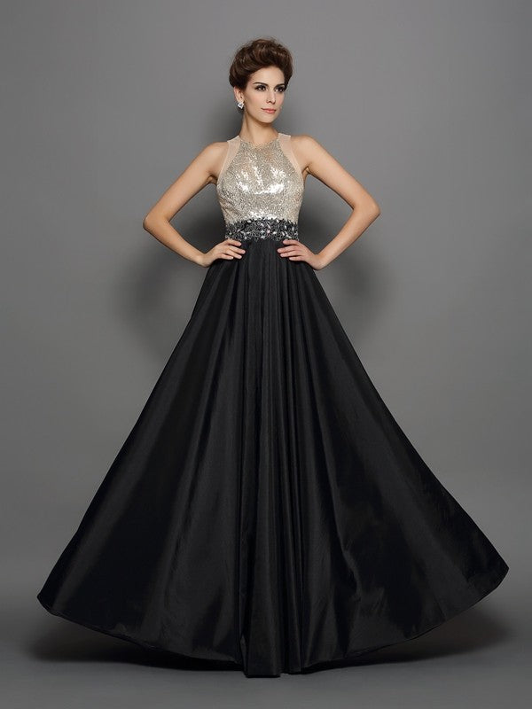 A-Line/Princess High Neck Sequin Sleeveless Long Taffeta Dresses