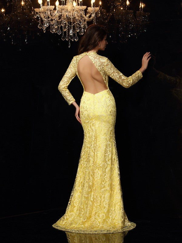 Sheath/Column High Neck Lace Long Sleeves Long Satin Dresses – Aabei Dress