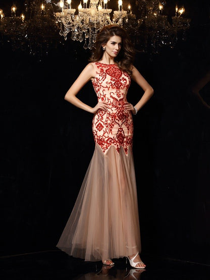 Sheath/Column Scoop Beading Sleeveless Long Satin Dresses