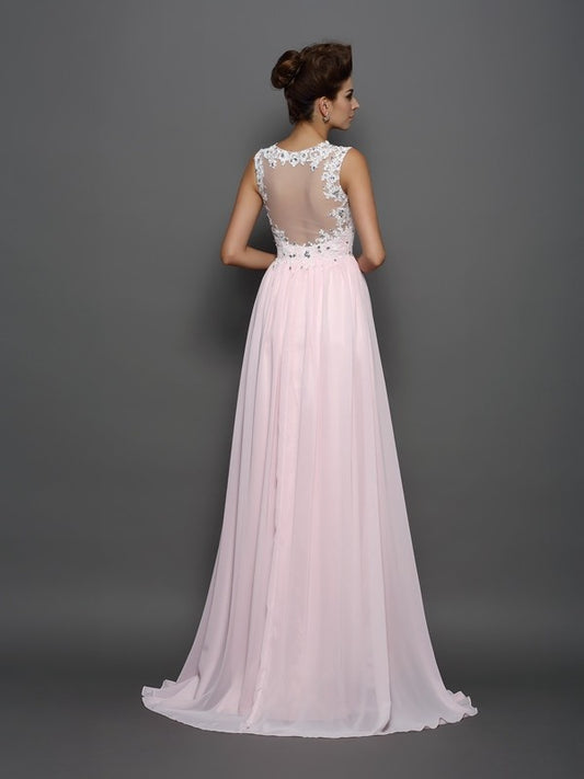 A-Line/Princess Straps Beading Sleeveless Applique Long Chiffon Dresses #