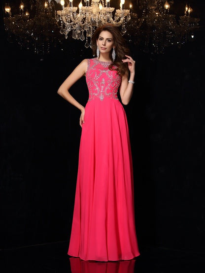 A-Line/Princess Scoop Beading Sleeveless Long Chiffon Dresses #51243