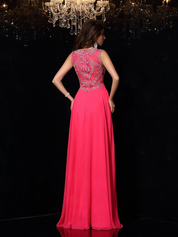 A-Line/Princess Scoop Beading Sleeveless Long Chiffon Dresses #51243