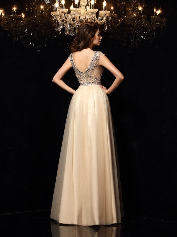 A-Line/Princess Scoop Beading Sleeveless Long Net Dresses