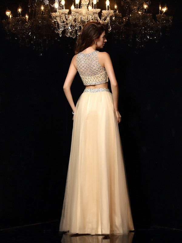 A-Line/Princess High Neck Beading Sleeveless Long Net Two Piece Dresses