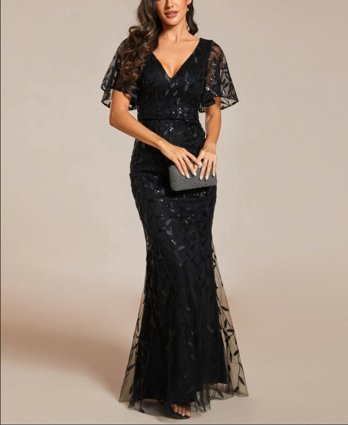 Mother of The Bride Dress Women's Ruffles Sleeves Sequin Embroidery Wedding Guest Dress