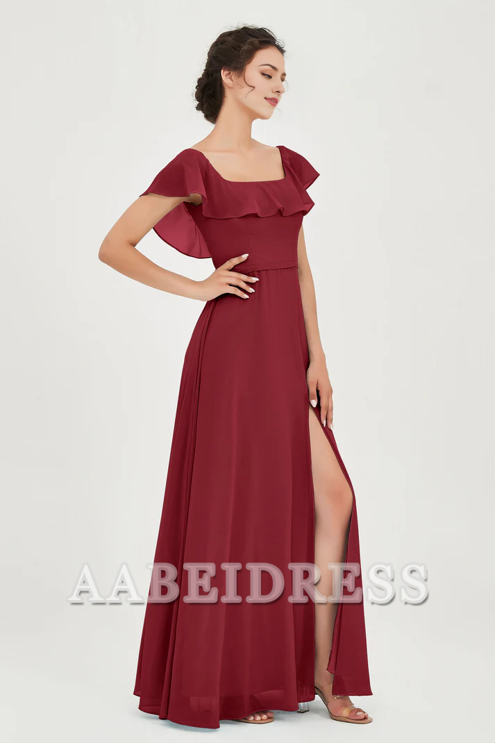 AABEI DRESS Bridesmaid Dresses Chiffon A-Line Square Neckline Flutter Sleeves Ruffle Side Fork Elegant Simple Wedding Guests Dresse