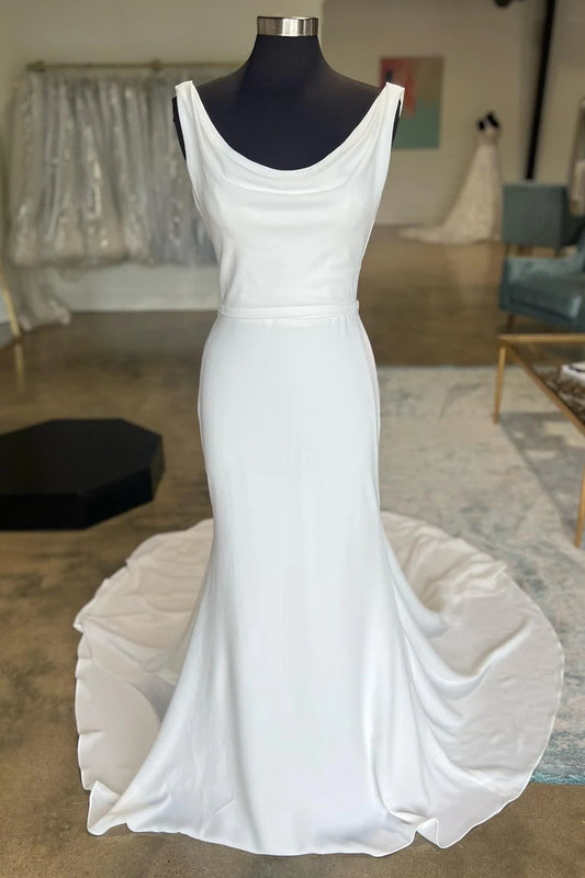 AABEI DRESS Elegant Simple Wedding Dress Cowl Neck Open Back Mermaid Long Sweep Train Dress