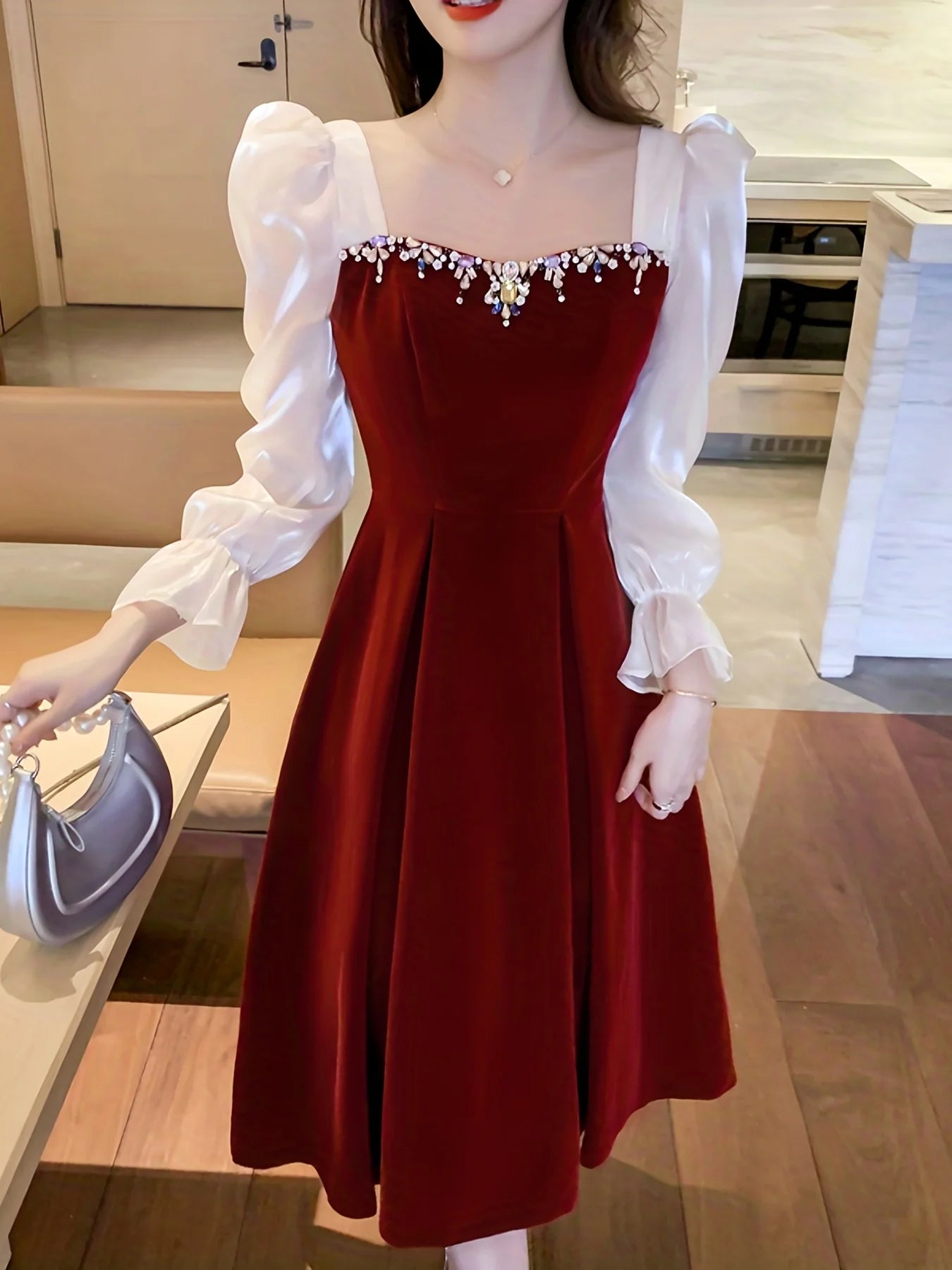 December Wedding Guest Dress Color Block Ruffle Trim Long Sleeves Dress  Bead string Sweet heart Neck Elegant Party Dress