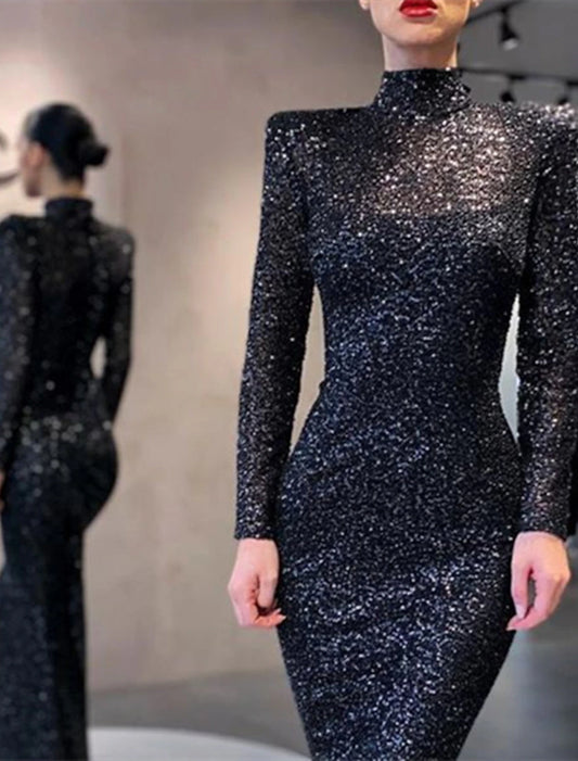 Gown Elegant Formal Cocktail Party Floor Length Long Sleeve High Neck Sequined with Sequin Evening Dress