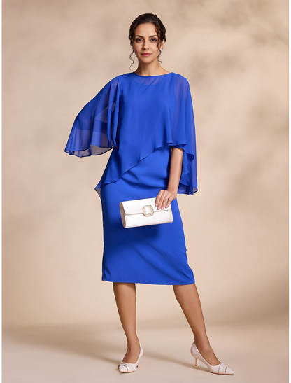 Mother of the Groom / Bride Dress Chiffon Causal Round Sleeve Two Piece Fall November Wedding Guest Dress