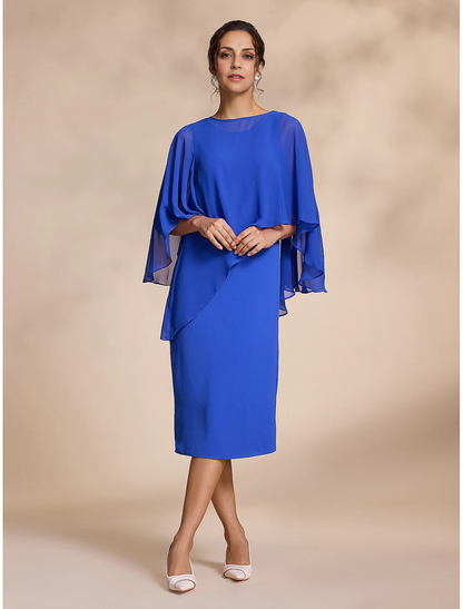 Mother of the Groom / Bride Dress Chiffon Causal Round Sleeve Two Piece Fall November Wedding Guest Dress