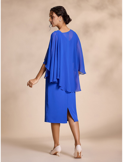 Mother of the Groom / Bride Dress Chiffon Causal Round Sleeve Two Piece Fall November Wedding Guest Dress