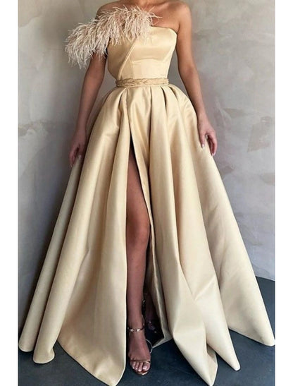 Wedding Guest Tie Gala Floor Length Sleeveless Strapless Satin with Feather Slit Evening Dress