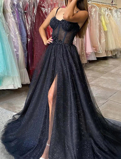 Glitter Dress Wedding Dresses Formal Gothic Dress Floor Length Sleeveless Sweetheart Spaghetti Tulle with Slit Prom Dresses