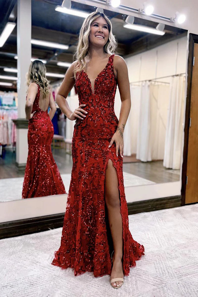 Prom Dress Mermaid V Neck Sequined Lace with Slit