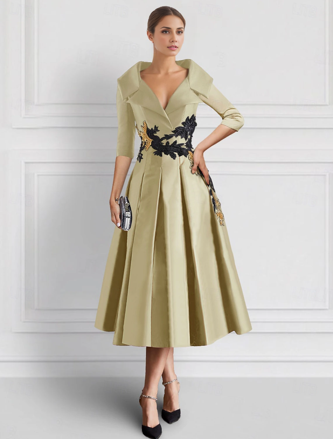 A-Line Dress Mother of the Groom / Bride Dress High Split Shirt Collar Ankle Length Satin Length Sleeve with Appliques Formal Elegant Fall November Wedding Guest Dress