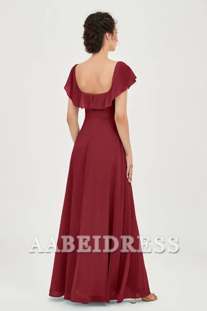 AABEI DRESS Bridesmaid Dresses Chiffon A-Line Square Neckline Flutter Sleeves Ruffle Side Fork Elegant Simple Wedding Guests Dresse
