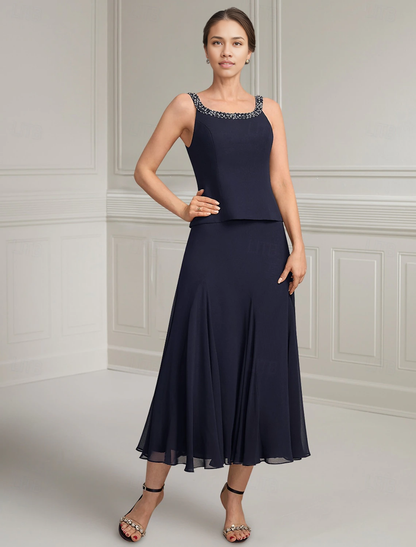 Mother of the Groom / Bride Dress A-Line 3 Piece Jewel Neck Ankle Length Chiffon Length Sleeve Beading Cascading Ruffles Solid Color Elegant Simple December Wedding Guest Dress