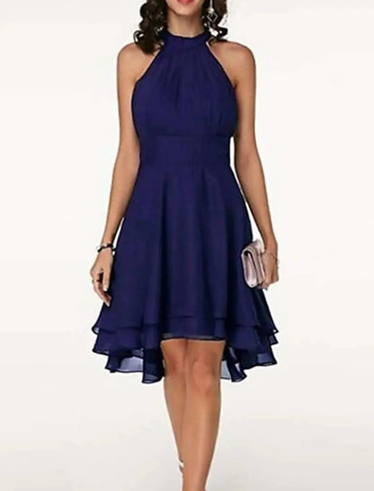 Wedding Guest Engagement Knee Length Sleeveless Neck Chiffon V Back with Sleek Tiered Party Dress