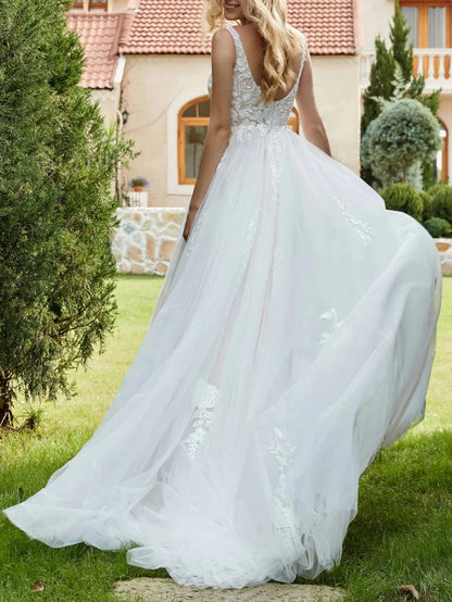 Wedding Dress New Pattern Backless V-neck Applique Tulle Fantastic Fall November December Wedding