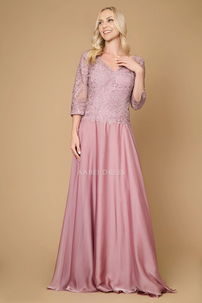 AABEI DRESS Formal Wear Dresse Fashion A Line Long Sleeve V Neck Lace Dress Exquisite Long Mother Of The Bride Dress
