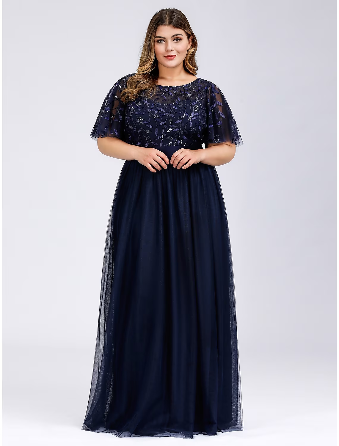 A-Line Prom Dresses Plus Size Dress Wedding Guest Floor Length Short Sleeve Jewel Neck Chiffon with Appliques