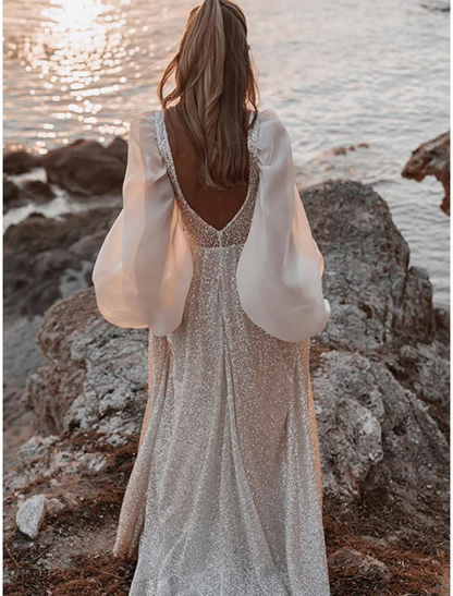 Beach Open Back Boho Wedding Dresses Sweep / Brush Train Sheath / Column Long Sleeve V Neck Sequined With Pleats