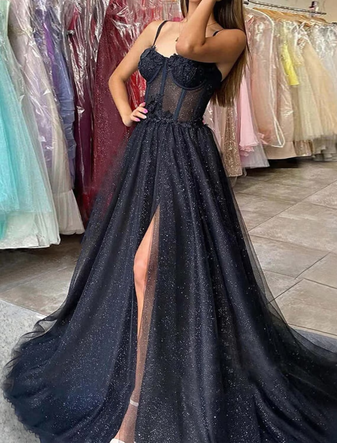 A-Line Prom Dresses Glitter Formal Gothic Dress Graduation Floor Length Sleeveless Sweetheart Spaghetti Tulle with Slit