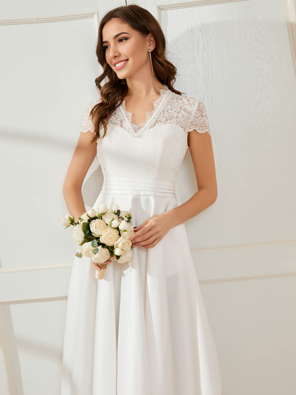 Wedding Dress A-line V-neck Lace See-through Pleated Simple Formal Women's Dresses